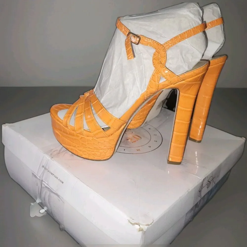 Jessica Simpson Itzari Platform Sandals Orange Croc Strappy Heels 9.5M New Box